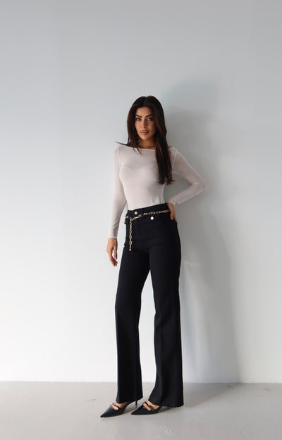 Pantalon Jean Negru Talie Înaltă Detaliu Lanț Curea