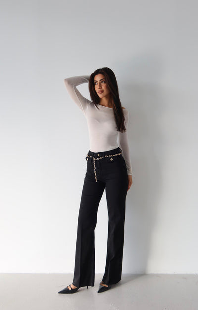 Pantalon Jean Negru Talie Înaltă Detaliu Lanț Curea