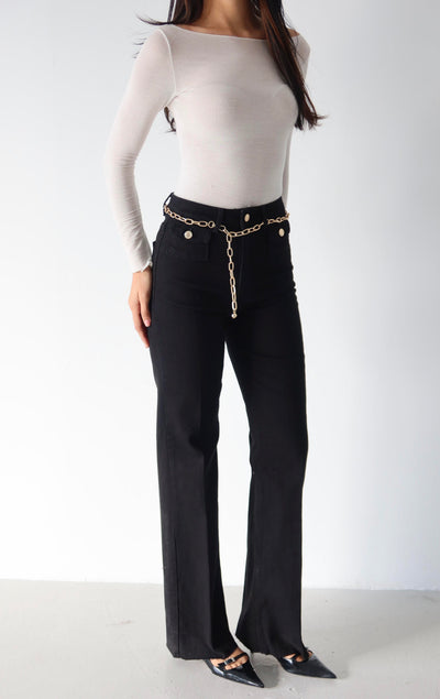 Pantalon Jean Negru Talie Înaltă Detaliu Lanț Curea