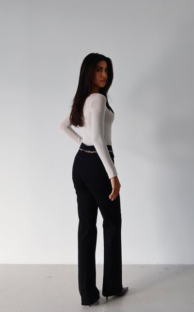 Pantalon Jean Negru Talie Înaltă Detaliu Lanț Curea