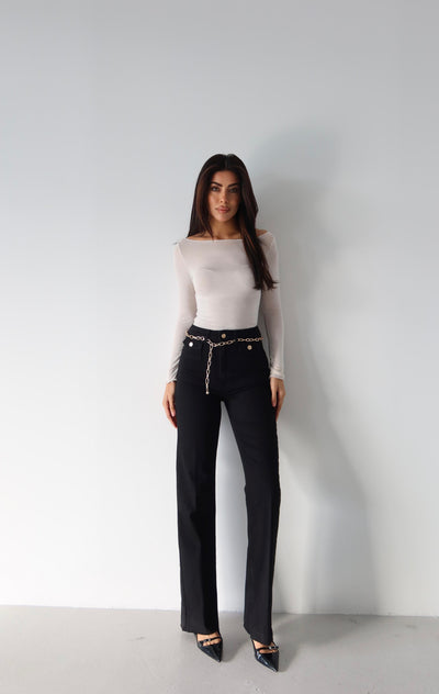 Pantalon Jean Negru Talie Înaltă Detaliu Lanț Curea