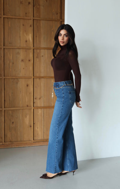 Yüksek Bel Kemer Zincir Detaylı Blue Jean Pantolon