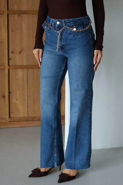 Yüksek Bel Kemer Zincir Detaylı Blue Jean Pantolon