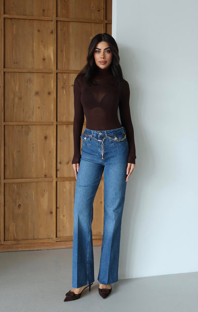 Yüksek Bel Kemer Zincir Detaylı Blue Jean Pantolon