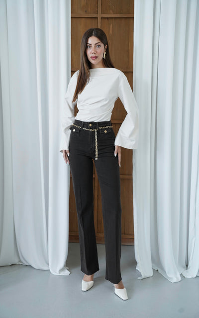 Pantaloni de damă din denim maro cu talie înaltă și detaliu lanț
