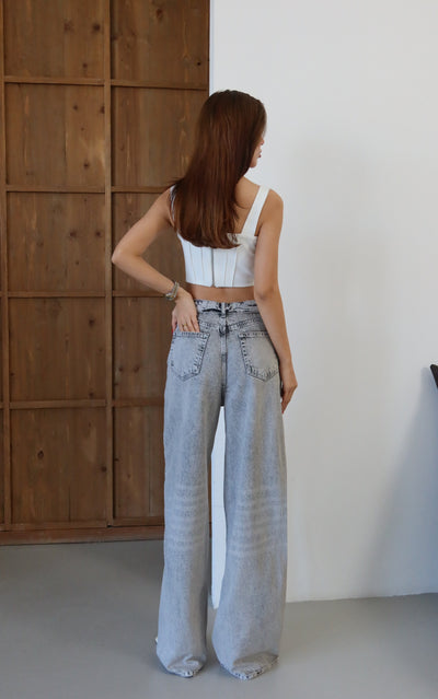 Yüksek Bel Ters Kemer Detaylı Wide Leg Kalıp Gri Jean Pantolon