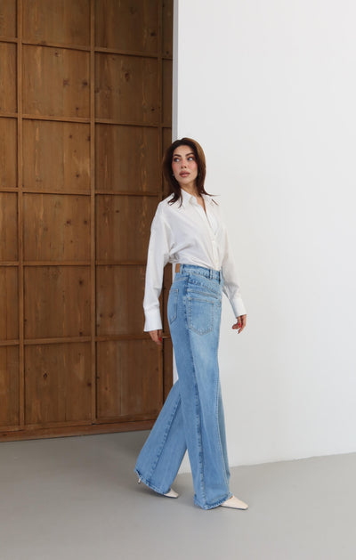 Yüksek Bel Ön Çapraz Kapama Detaylı Blue Jean Pantolon