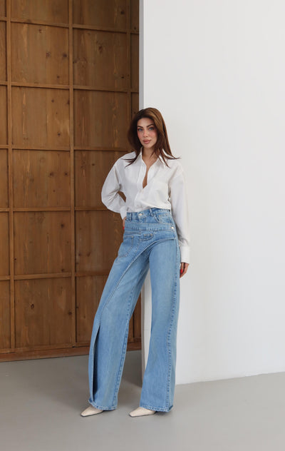 Yüksek Bel Ön Çapraz Kapama Detaylı Blue Jean Pantolon