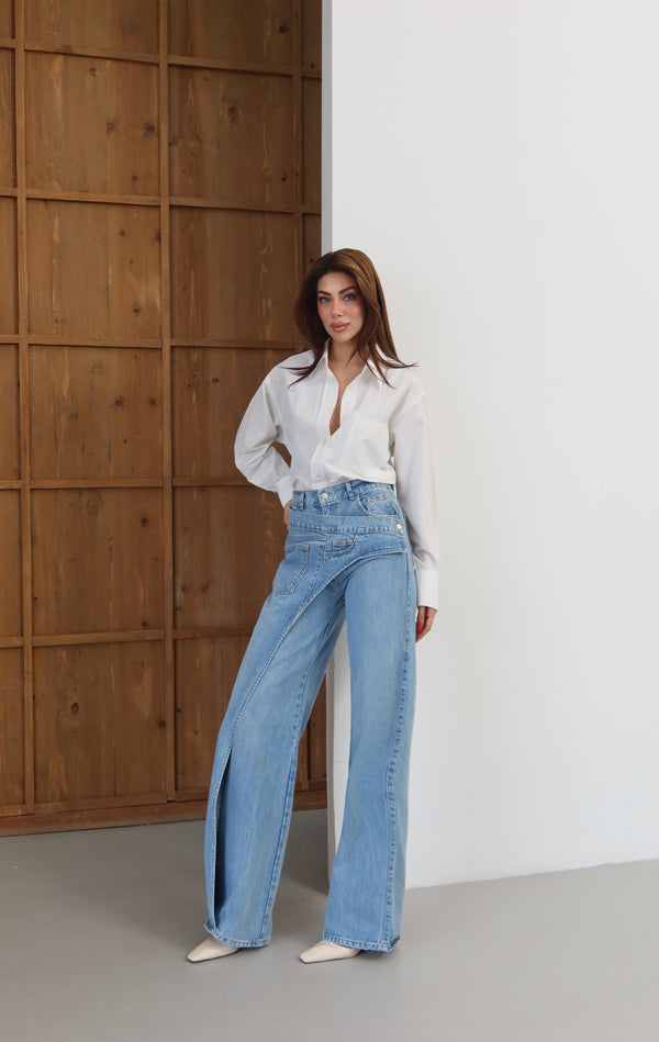 Yüksek Bel Ön Çapraz Kapama Detaylı Blue Jean Pantolon