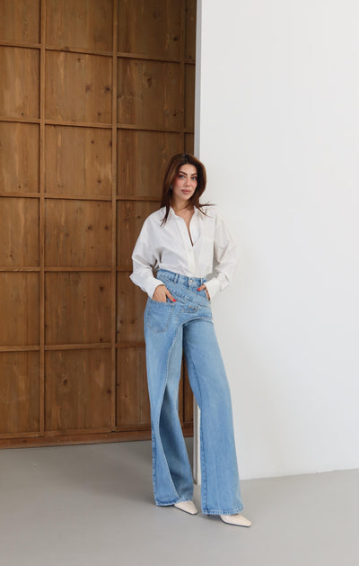 Yüksek Bel Ön Çapraz Kapama Detaylı Blue Jean Pantolon