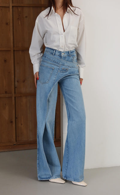 Yüksek Bel Ön Çapraz Kapama Detaylı Blue Jean Pantolon