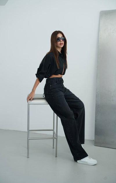 Yüksek Bel Ters  Kemer Bel İp Detaylı Black Jean Pantolon