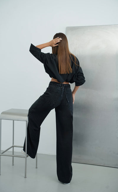 Yüksek Bel Ters  Kemer Bel İp Detaylı Black Jean Pantolon