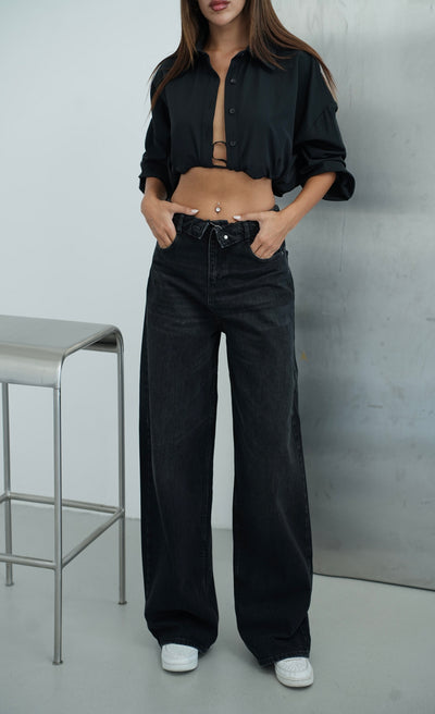 Yüksek Bel Ters  Kemer Bel İp Detaylı Black Jean Pantolon