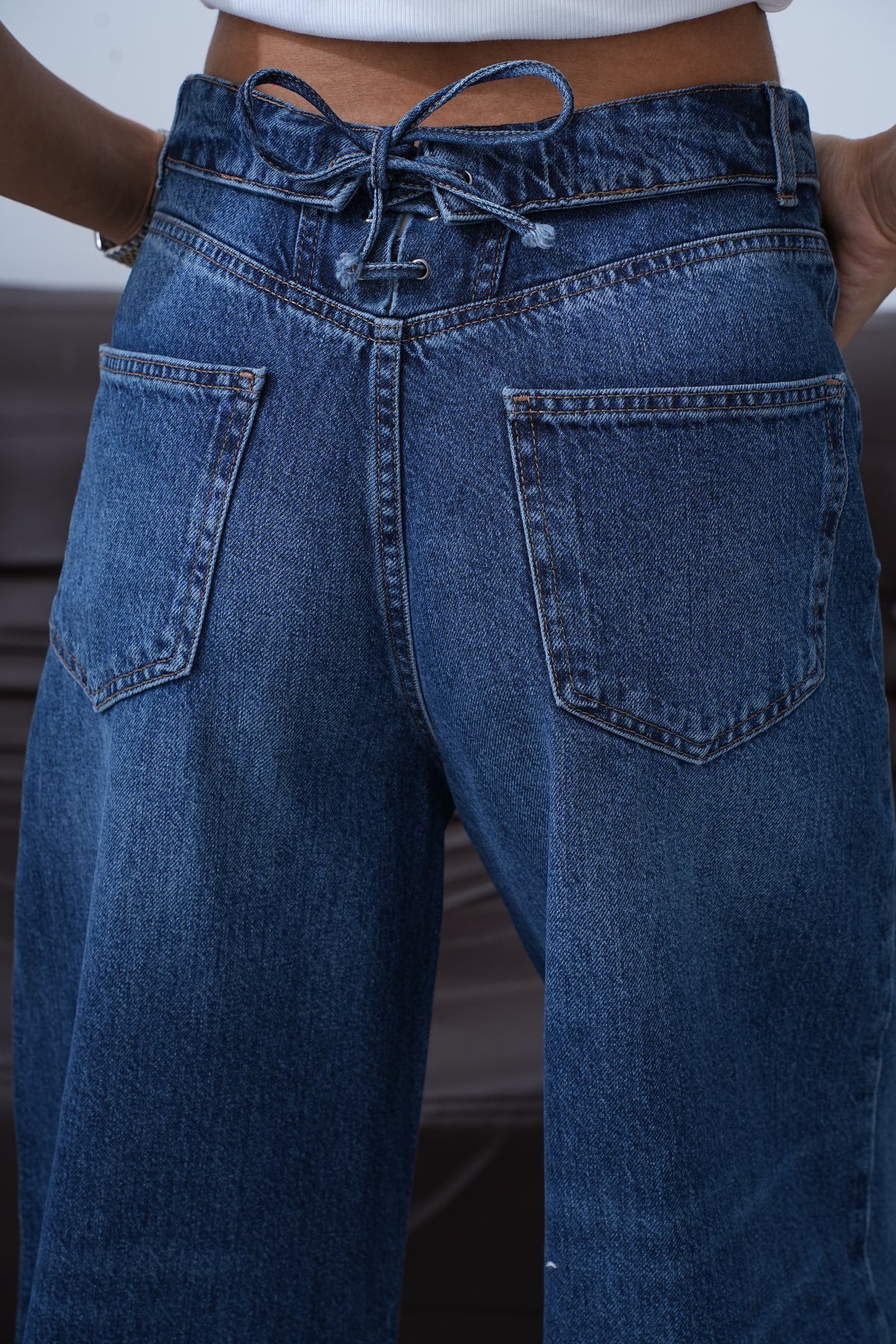 Yüksek Bel Ters  Kemer Bel İp Detaylı Dark Blue Jean Pantolon