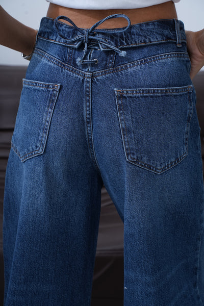 Yüksek Bel Ters  Kemer Bel İp Detaylı Dark Blue Jean Pantolon
