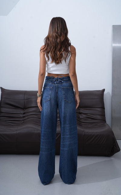 Yüksek Bel Ters  Kemer Bel İp Detaylı Dark Blue Jean Pantolon
