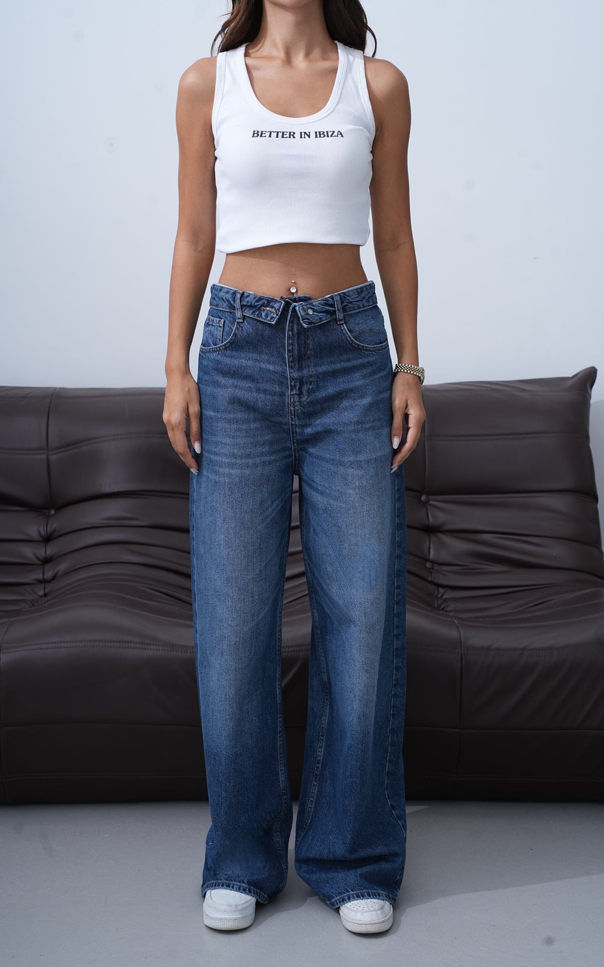 Yüksek Bel Ters  Kemer Bel İp Detaylı Dark Blue Jean Pantolon