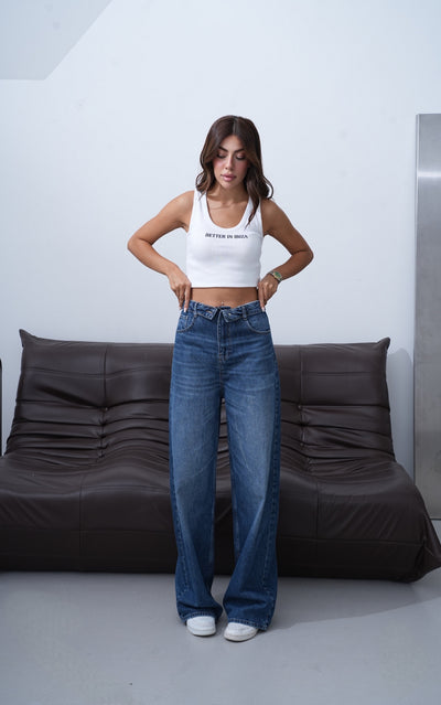 Yüksek Bel Ters  Kemer Bel İp Detaylı Dark Blue Jean Pantolon