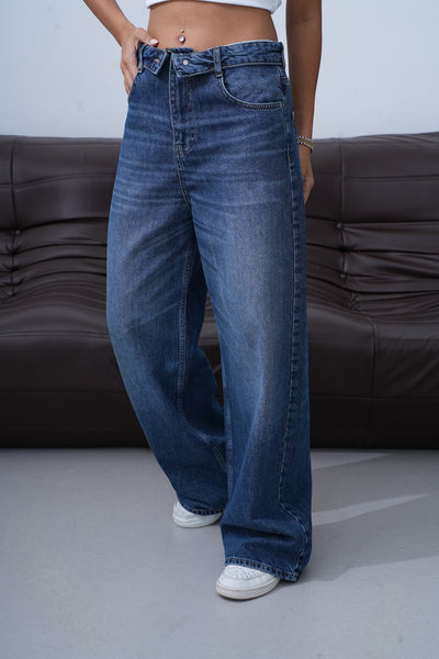 Yüksek Bel Ters  Kemer Bel İp Detaylı Dark Blue Jean Pantolon