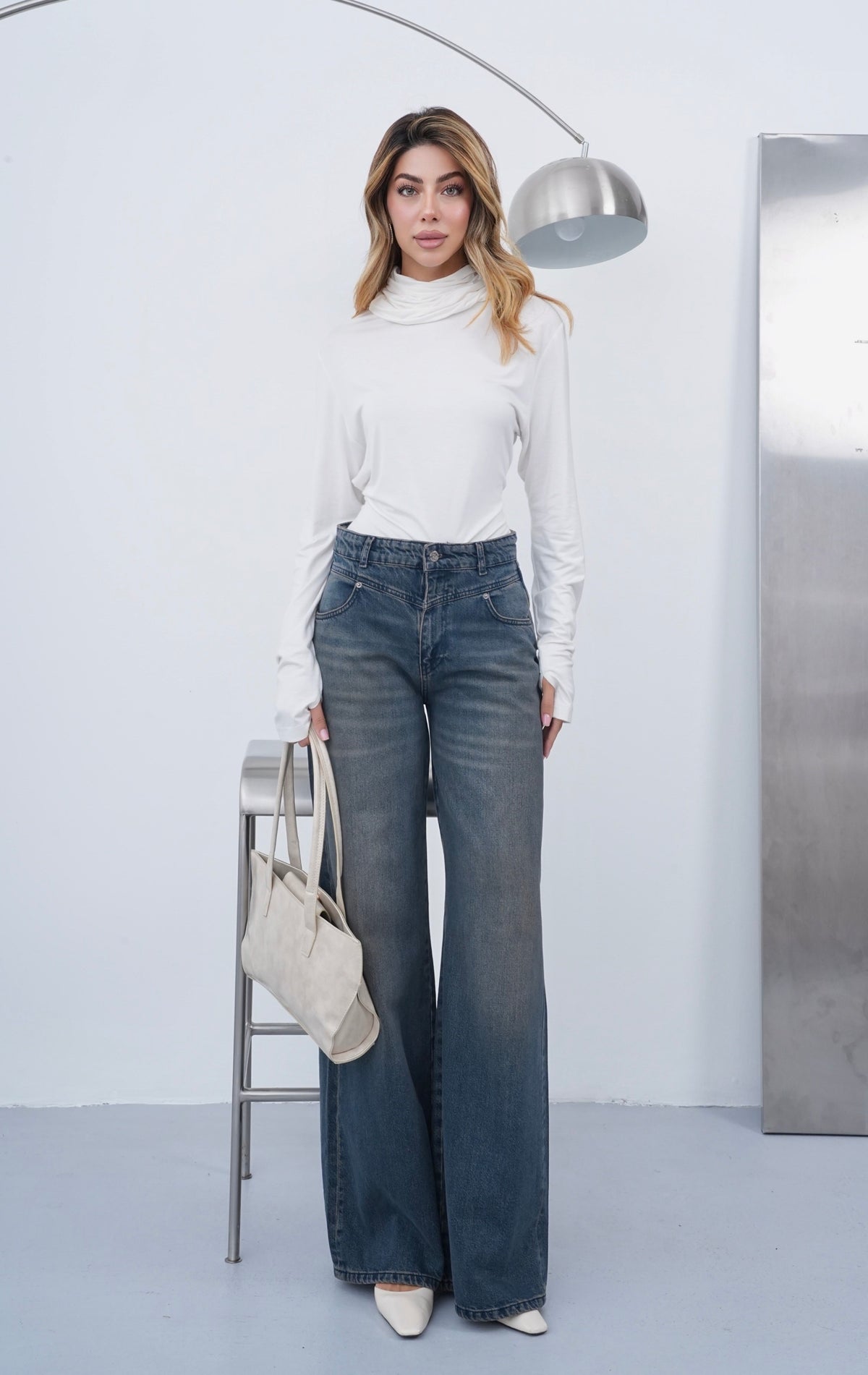 Ön Conta Detaylı Wıde Leg Kalıp Blue Black Jean Pantolon