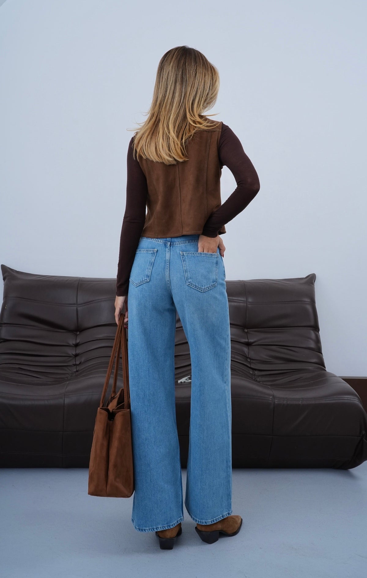 Yüksek Bel Wide Leg Kalıp Süet Kemer Detaylı Blue Jean Pantolon