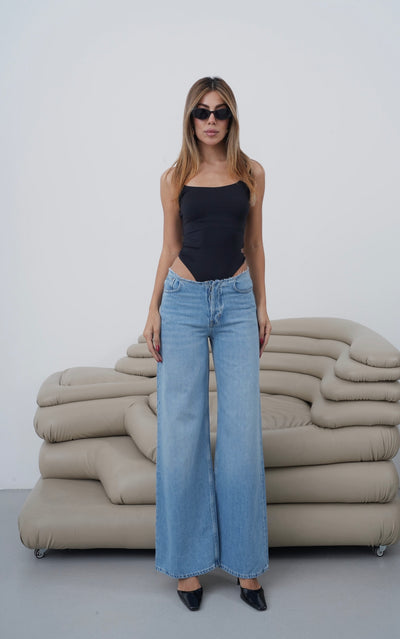 Düşük Bel Bel Kesik Detaylı Wıde Leg Kalıp Blue Jean Pantolon