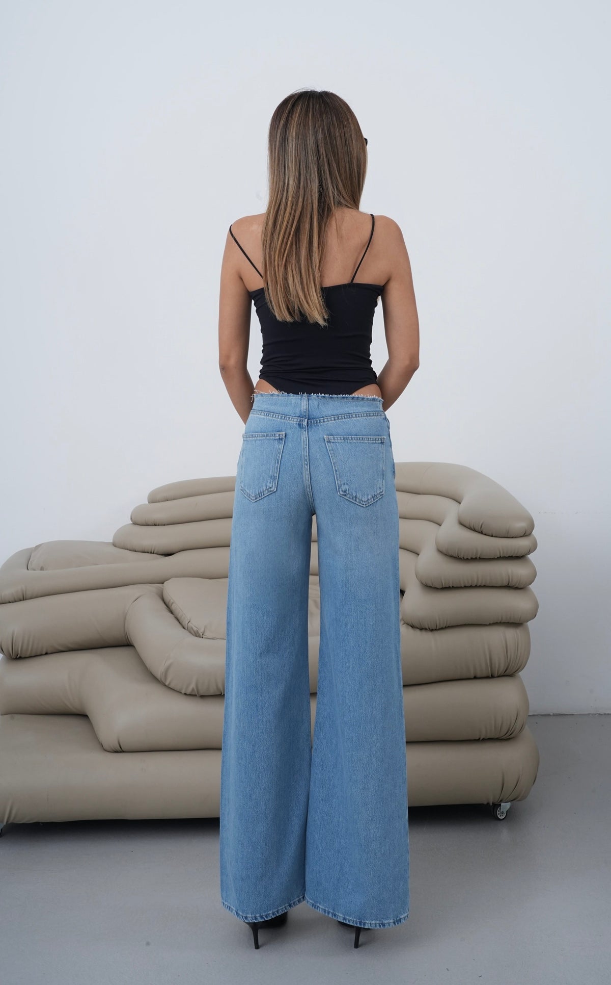 Düşük Bel Bel Kesik Detaylı Wıde Leg Kalıp Blue Jean Pantolon