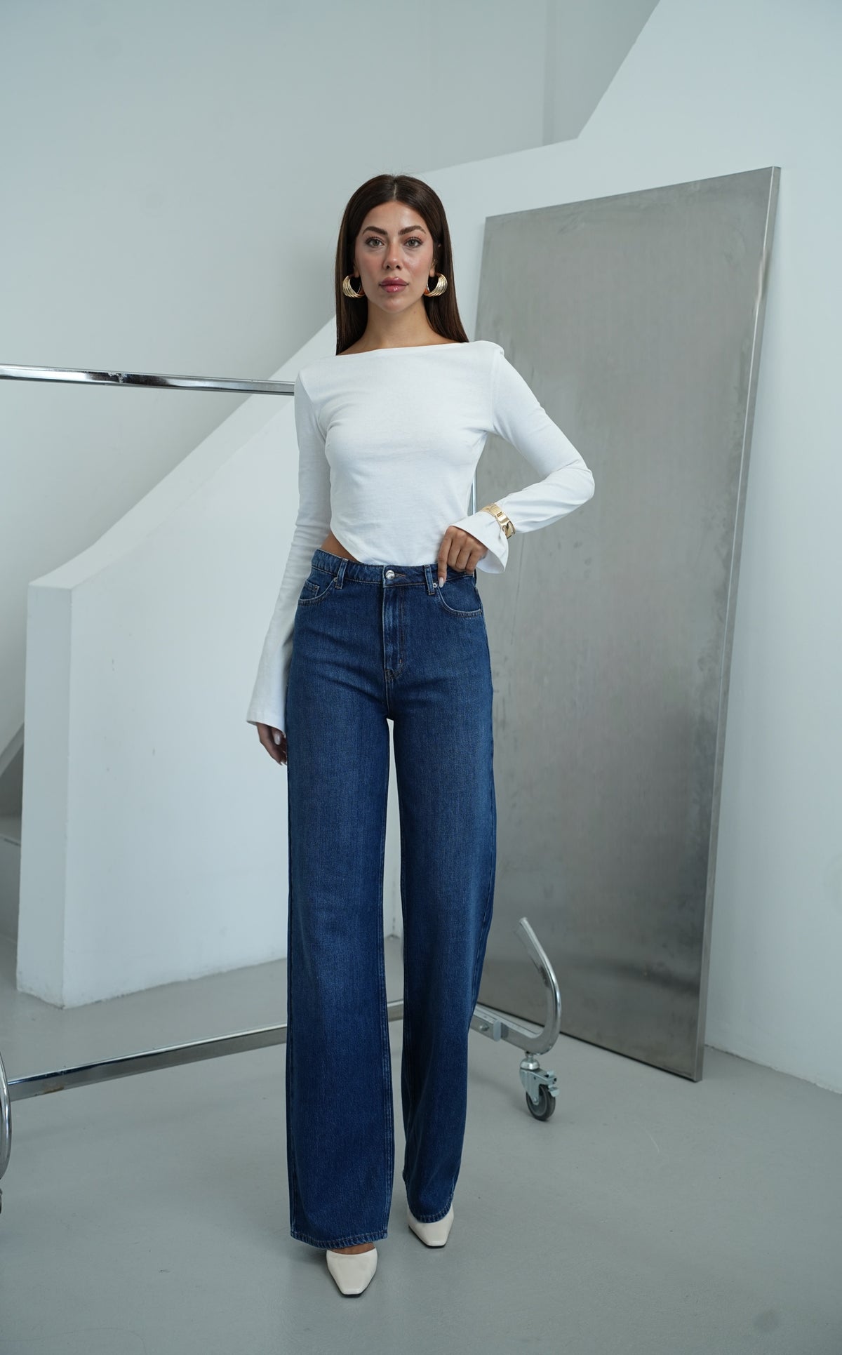Yüksek Bel Wide Leg Kalıp DArk blue Jean Pantolon
