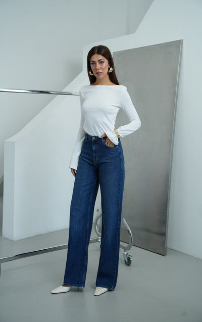 High Waist Wide Leg Fit Dark Blue Jeans