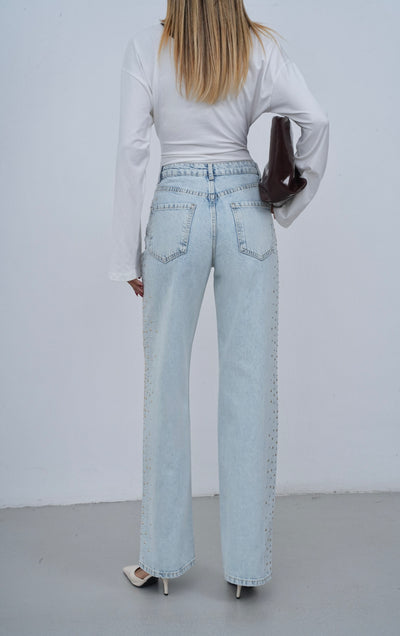 Yüksek Bel Wide Leg Kalıp Yandan Metal Taş Detaylı Light Blue Jean Pantolon