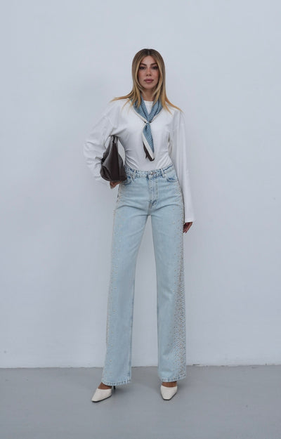 Yüksek Bel Wide Leg Kalıp Yandan Metal Taş Detaylı Light Blue Jean Pantolon
