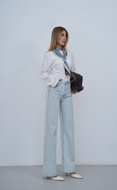 Yüksek Bel Wide Leg Kalıp Yandan Metal Taş Detaylı Light Blue Jean Pantolon