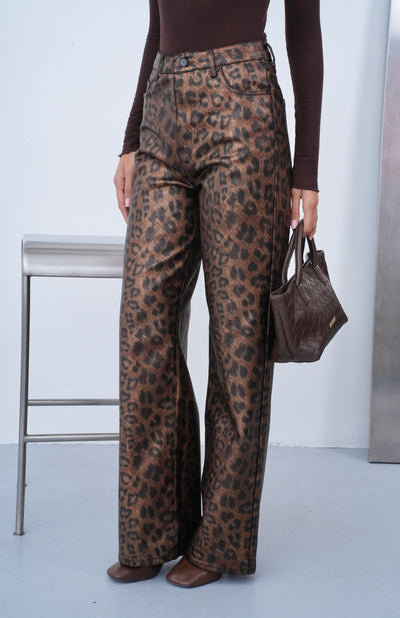 Yüksek Bel Wide Leg Kalıp Leopar Kaplama Kumaş Kadın Leopar Mumlu Jean Pantolon
