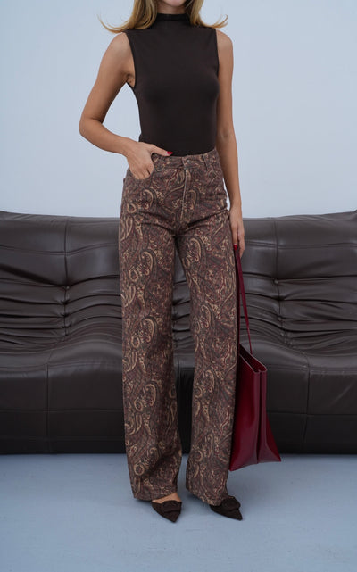 Wide Leg Kalıp Şal Desen Detaylı Kadın Jean Pantolon