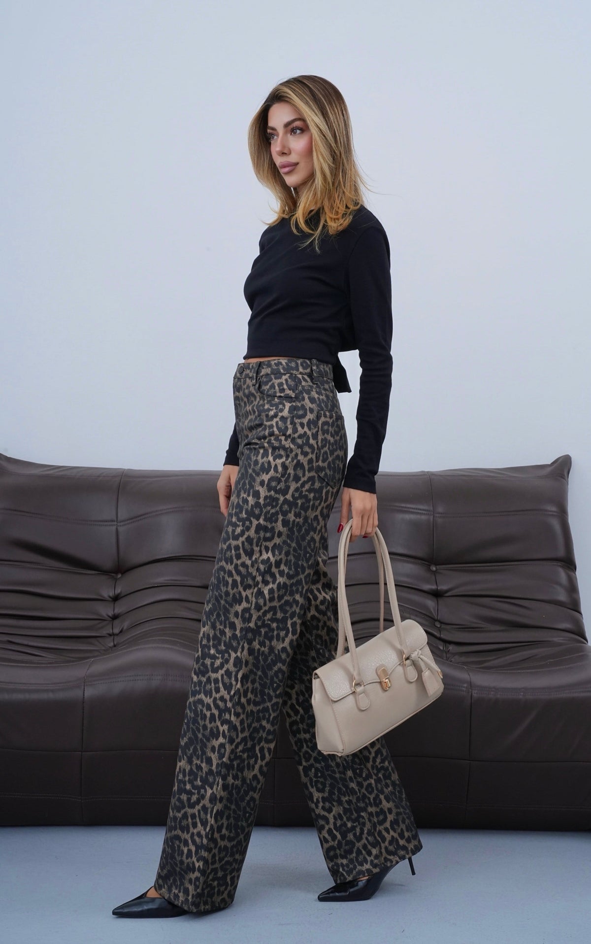 High Waist Wide Leg Fit Leopard Print Fabric Women's Leopard Jeans