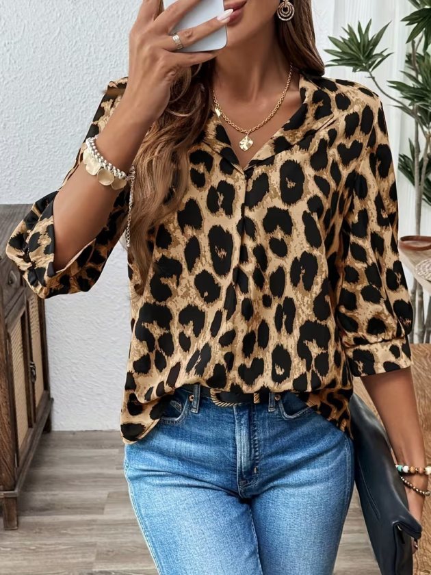Kadın Truvakar Kollu Yakalı Leopar Desenli Modal Bluz, 38543