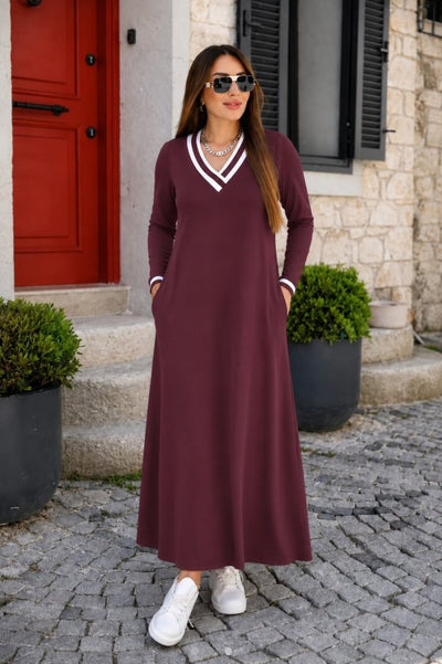 Kadın Uzun Kollu V Yakalı Cepli Uzun Viskon Iki Iplik Elbise, 38550