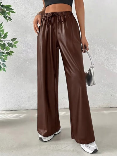 Kadın Yüksek Bel Belden Lastikli Bağcıklı Geniş Kesim Detaylı Deri Pantolon, 38554