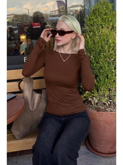 Kadın Uzun Kollu Kayık Yaka Viskon Bluz, 38828