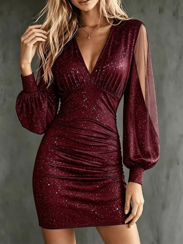 Rochie scurtă de damă, cu mânecă lungă, decolteu în V, culoare nisip strălucitor, 38819