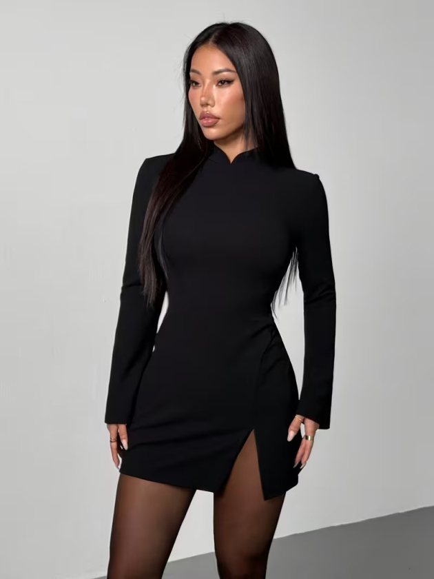 Women's Long-Sleeved, Mandarin Collar, Short Slit Imported Crepe Dress, 38838
