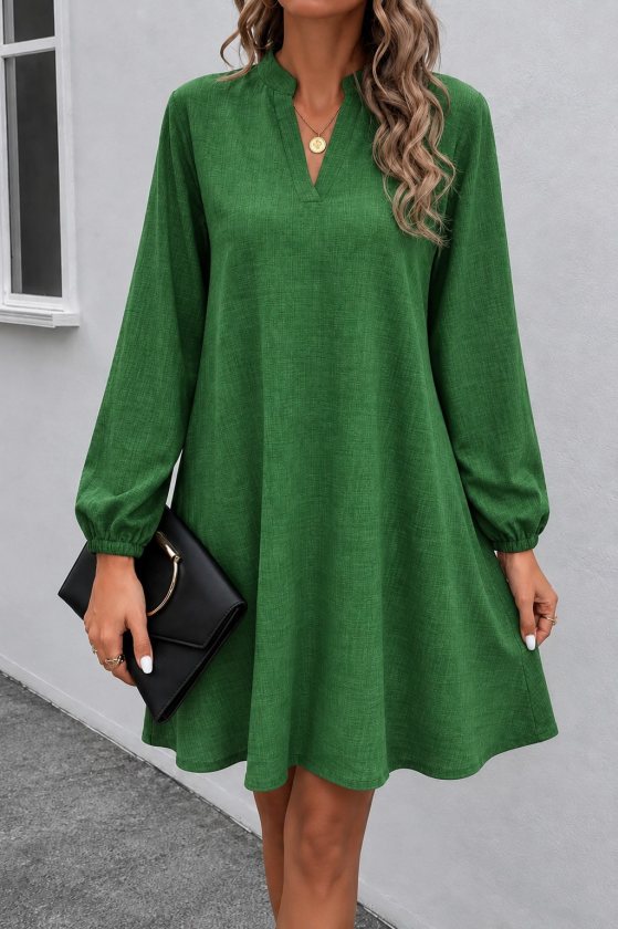 Women's Long Sleeve Mandarin V-Neck Flared Short Sofia Dress, 38849