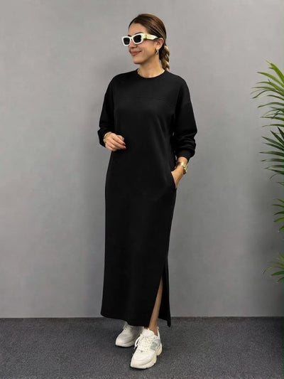 Rochie de damă cu mânecă lungă, guler rotund, buzunare și două crăpături laterale, confecționată din viscoză cu două fire, 38858