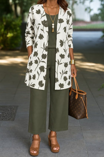 Women's Long-Sleeved Open-Front Modal Jacket, Sleeveless Viscose Two-Thread Blouse, and Pants Three-Piece Set, 38886