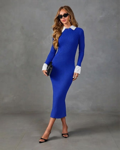 Rochie de damă cu mânecă lungă și guler, cu decolteu și mâneci tricotate, 38905