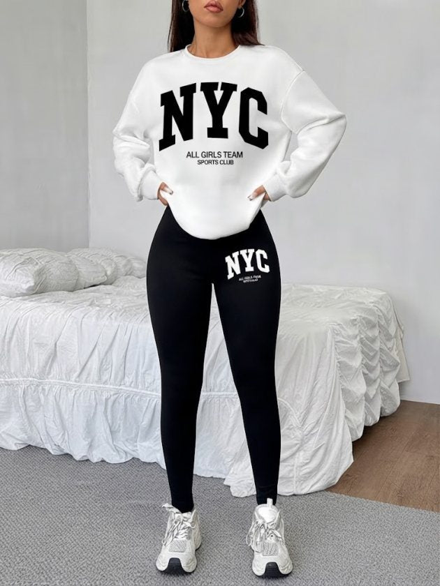 Set de două piese pentru femei, bluză cu mânecă lungă, guler rotund, din viscoză, cu două fire și pantaloni/colanți din fleece periat, 38911