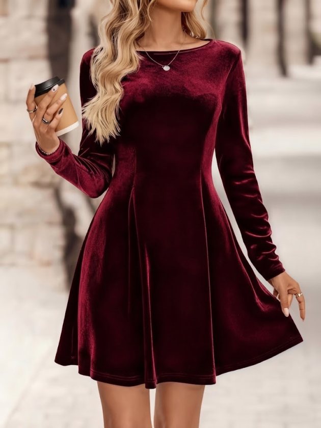 Rochie scurtă din catifea, cu mânecă lungă și decolteu tip barcă, pentru femei, 38965