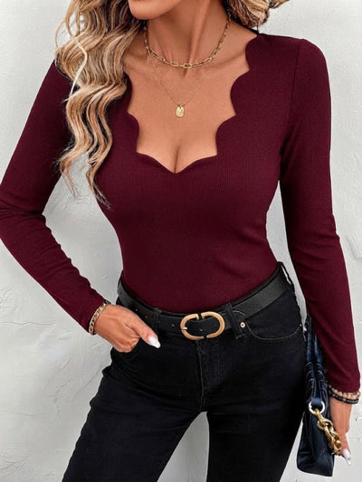 Bluză de damă cu mânecă lungă, croială laser, decolteu ondulat, model scuba, 38974