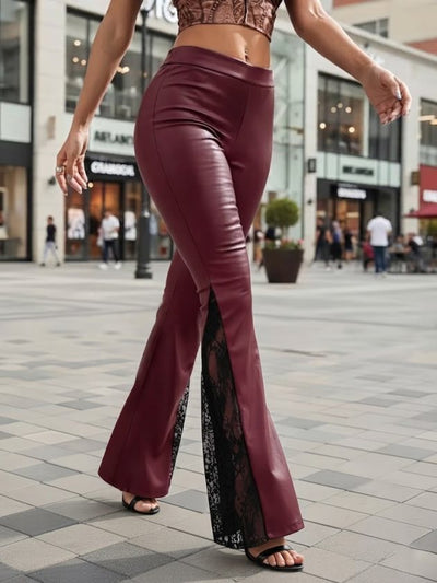 Pantaloni din piele pentru femei cu talie înaltă și detalii de dantelă la tiv, 38983